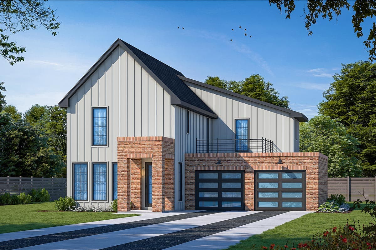 Modern farmhouse house plan exterior. Features include a gabled roof, brick accents, board-and-batten siding, and a two-car garage.