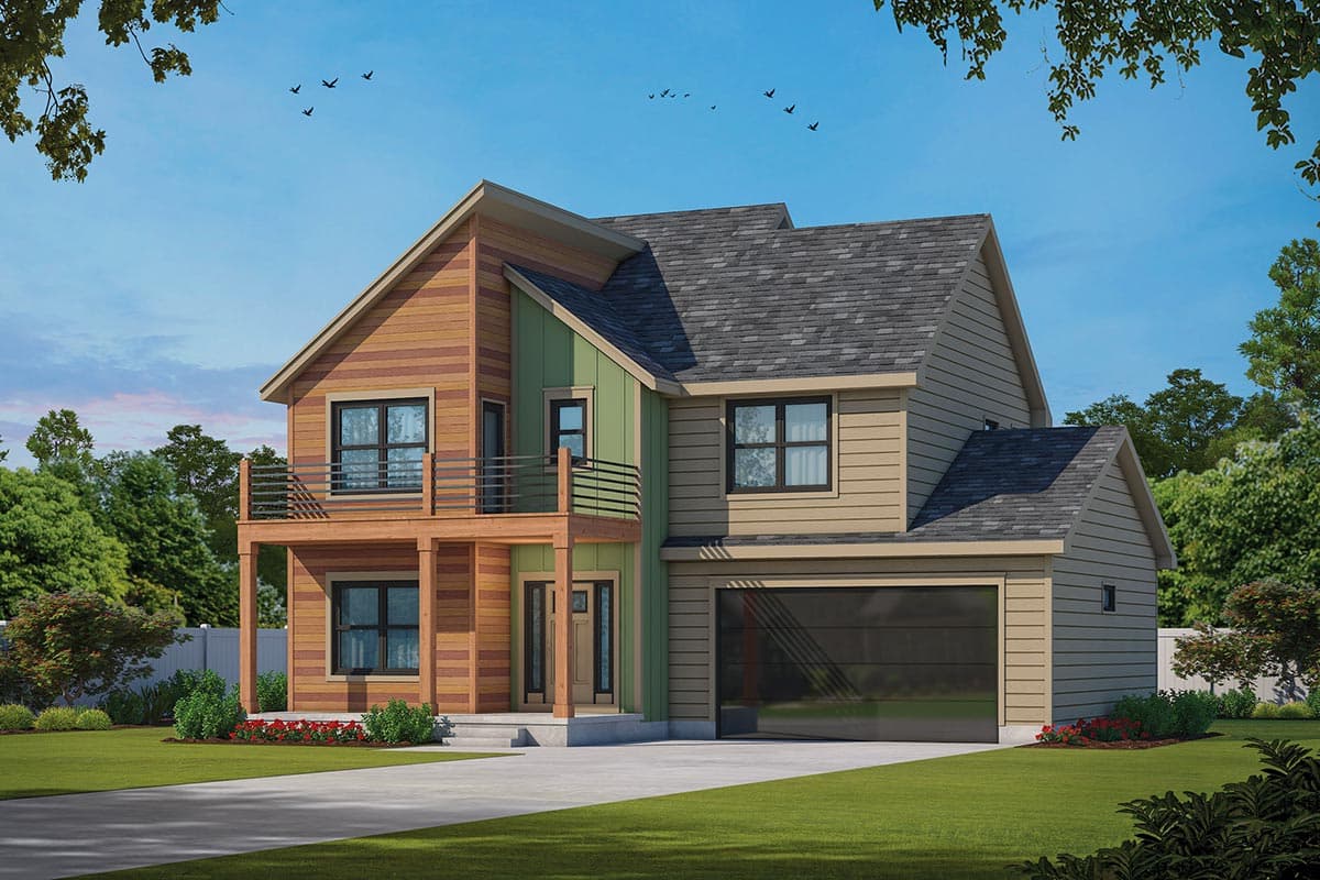 House plan exterior. Two-story modern house with a balcony, attached garage, and a gabled roof. Exterior features wood and siding.