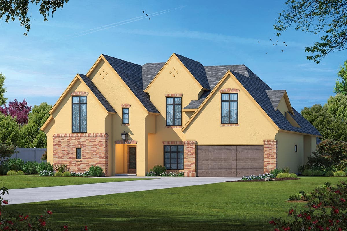 House plan exterior. Two-story stucco house with multiple gables. Features include brick accents, an attached garage, and dark-framed windows.