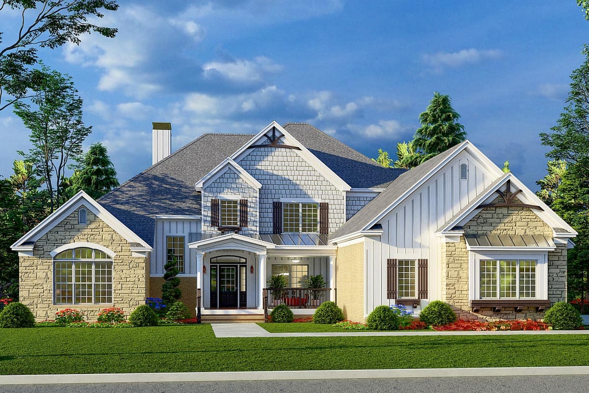 House plan exterior with Craftsman style. Features include a front porch, gables, a mix of siding and stone, and multiple dormers.