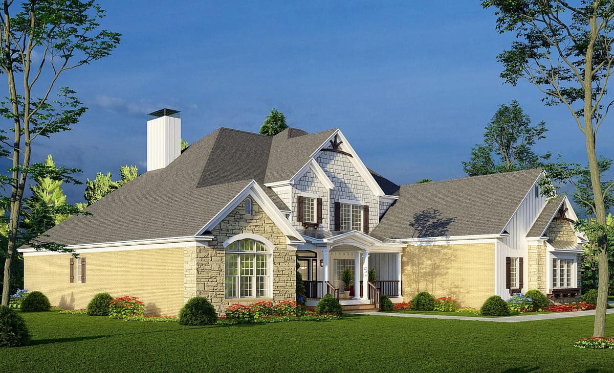 House plan exterior with stone and brick facade, multiple gables, prominent chimney, and covered front porch.