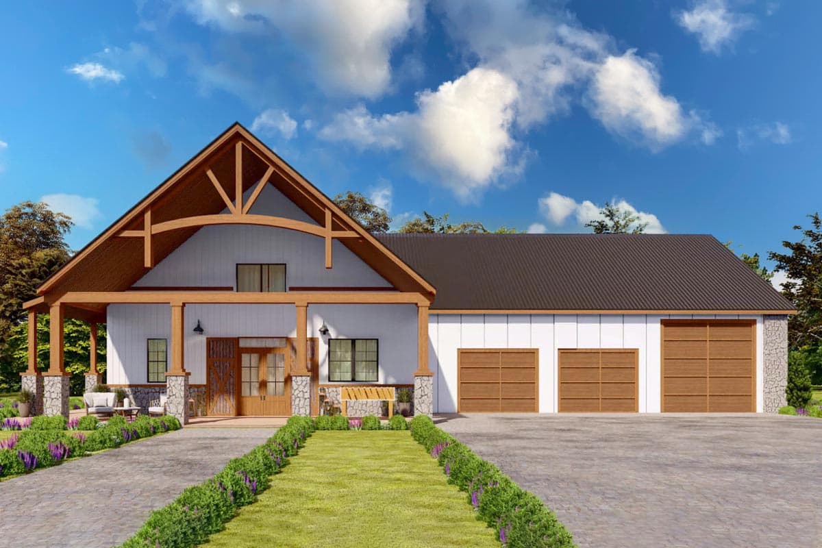 House plan exterior with Craftsman-style elements. Features include a gabled roof, timber frame porch, and a three-car garage with wood doors.