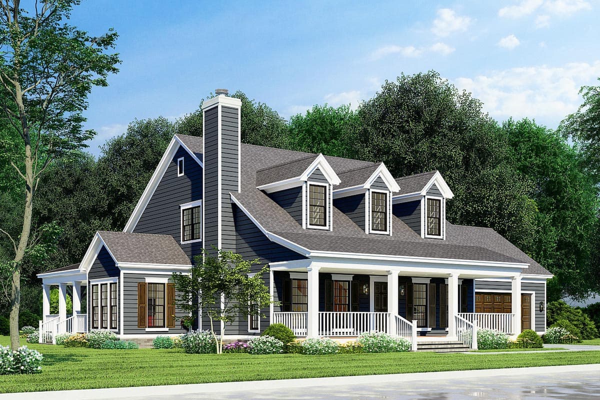 House plan exterior: two-story Modern Farmhouse with wraparound porch, prominent chimney, and multiple dormer windows.