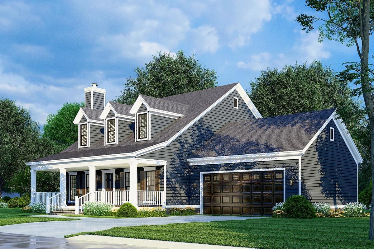 House plan exterior: Two-story home with gabled dormers, a front porch with columns, and an attached garage.
