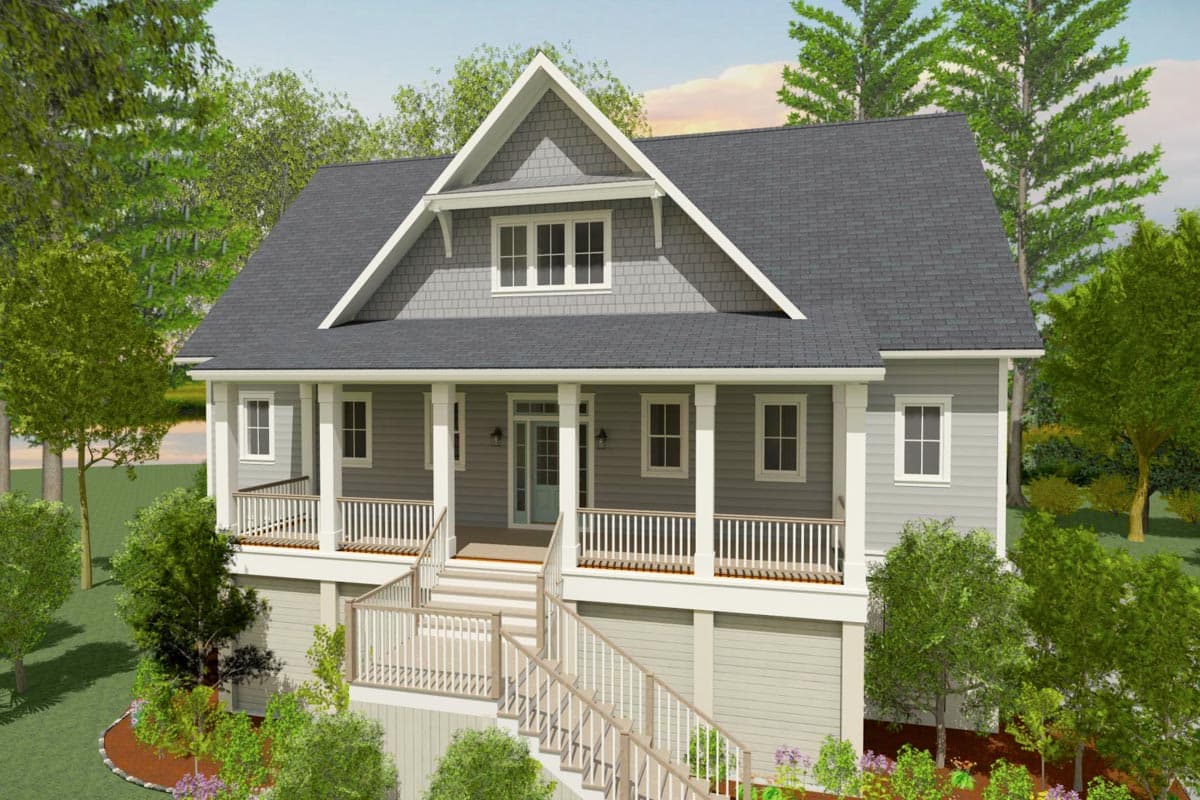 House plan exterior. Two-story Craftsman home with a front porch, gabled roof, and dormer. Features include a raised foundation and stairs.
