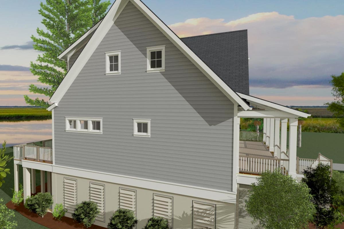 House plan exterior showing a two-story home with gabled roof, horizontal siding, and a covered wrap-around porch.