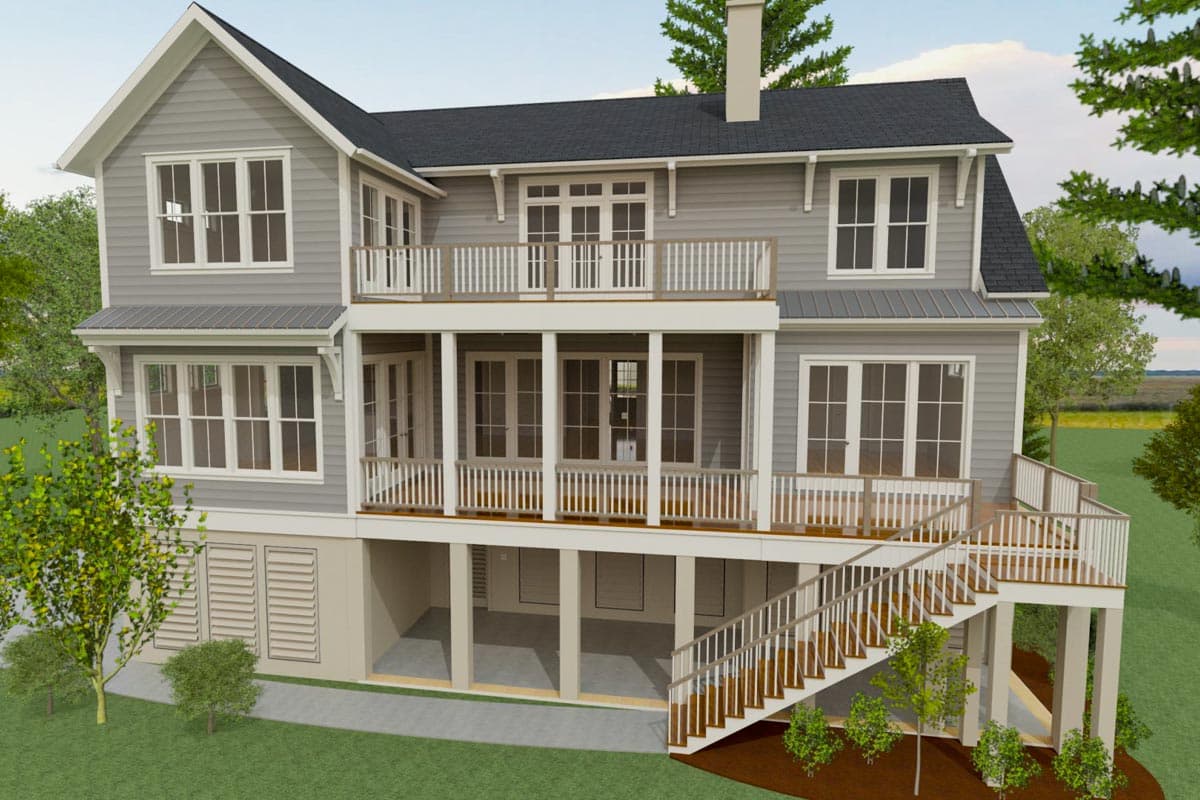 House plan exterior: Two-story gray home with multiple porches, balconies, dormers, and a prominent staircase.