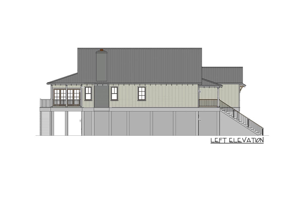 Left elevation house plan. Two-story design with a metal roof, porch, and stairs.