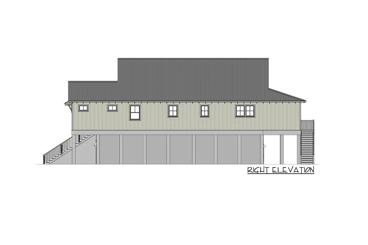 Right elevation house plan with multiple windows, metal roof, and elevated foundation.