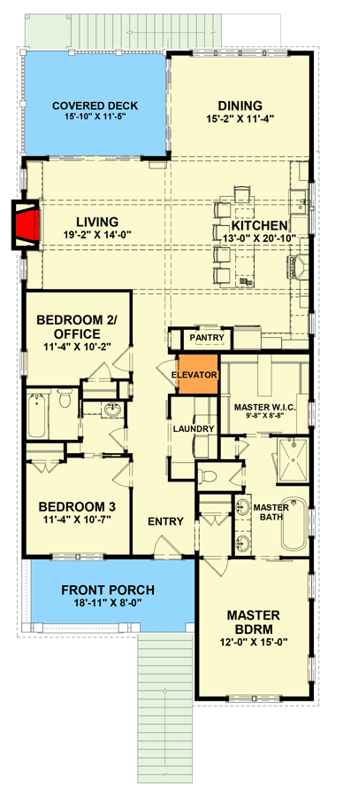 Plan 765039TWN: Coastal Country House Plan with Open Floor Plan and Covered Deck - 1800 Sq Ft - Floor Plan - Main Level - Beach, Coastal, Cottage, Low Country, Southern, Vacation