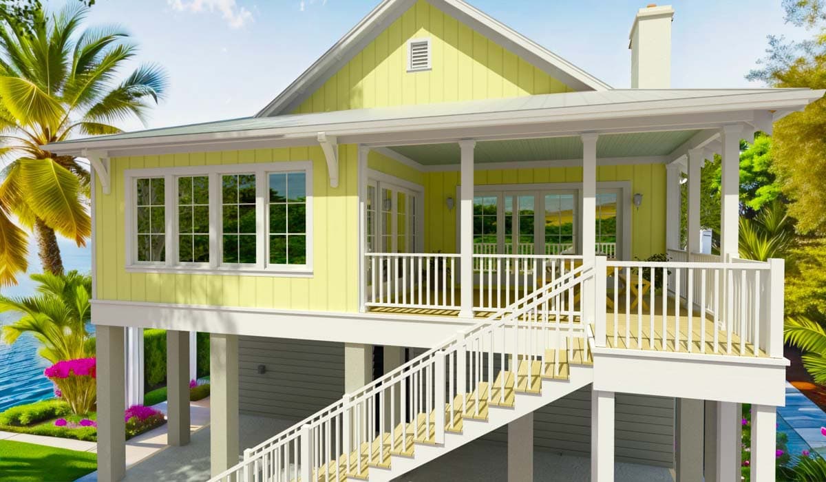 House plan exterior: Elevated coastal home with a covered porch, large windows, gabled dormer, and exterior stairs to ground level.