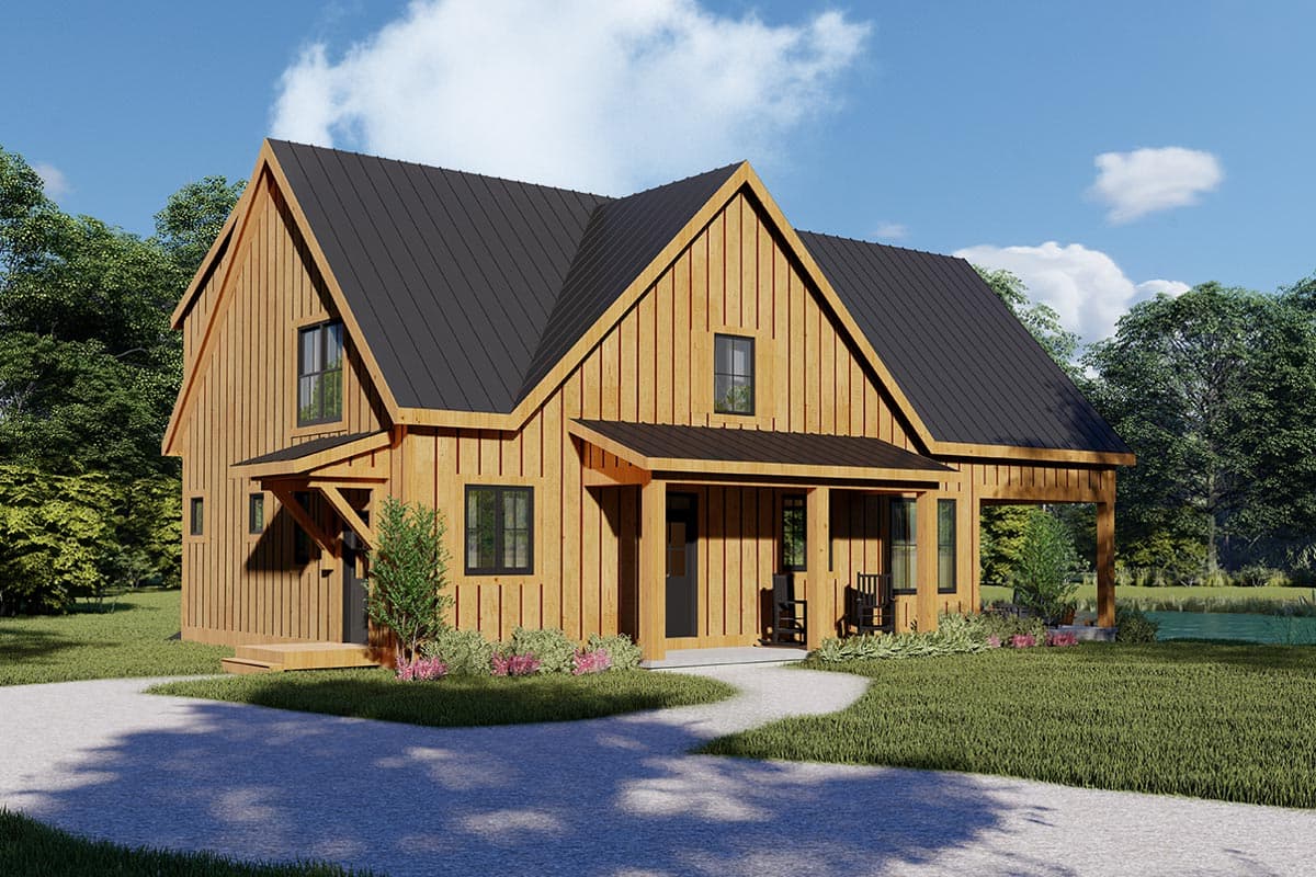 House plan exterior. Two-story Modern Farmhouse with gabled roof, covered porch, and exposed rafter tails. Vertical wood siding and black metal roof.