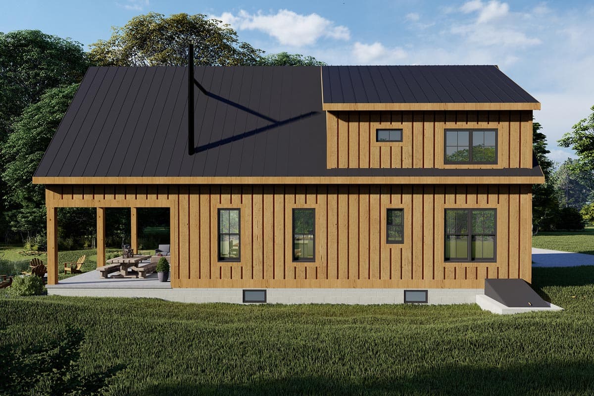 House plan exterior, two stories, wood siding, metal roof, covered porch, multiple windows, and a basement entry.