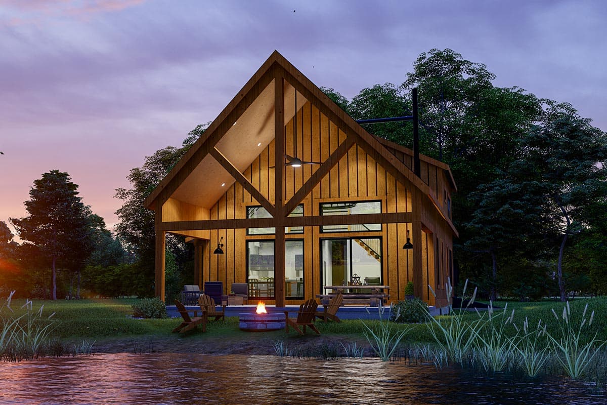 Modern A-frame house plan exterior with large windows, covered porch, and a steep gable roof.