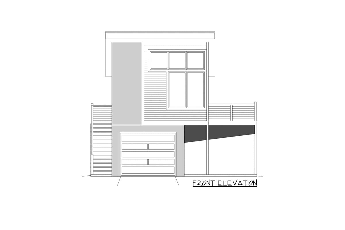 Front elevation of a two-story house plan with a garage, deck, and modern window arrangement.
