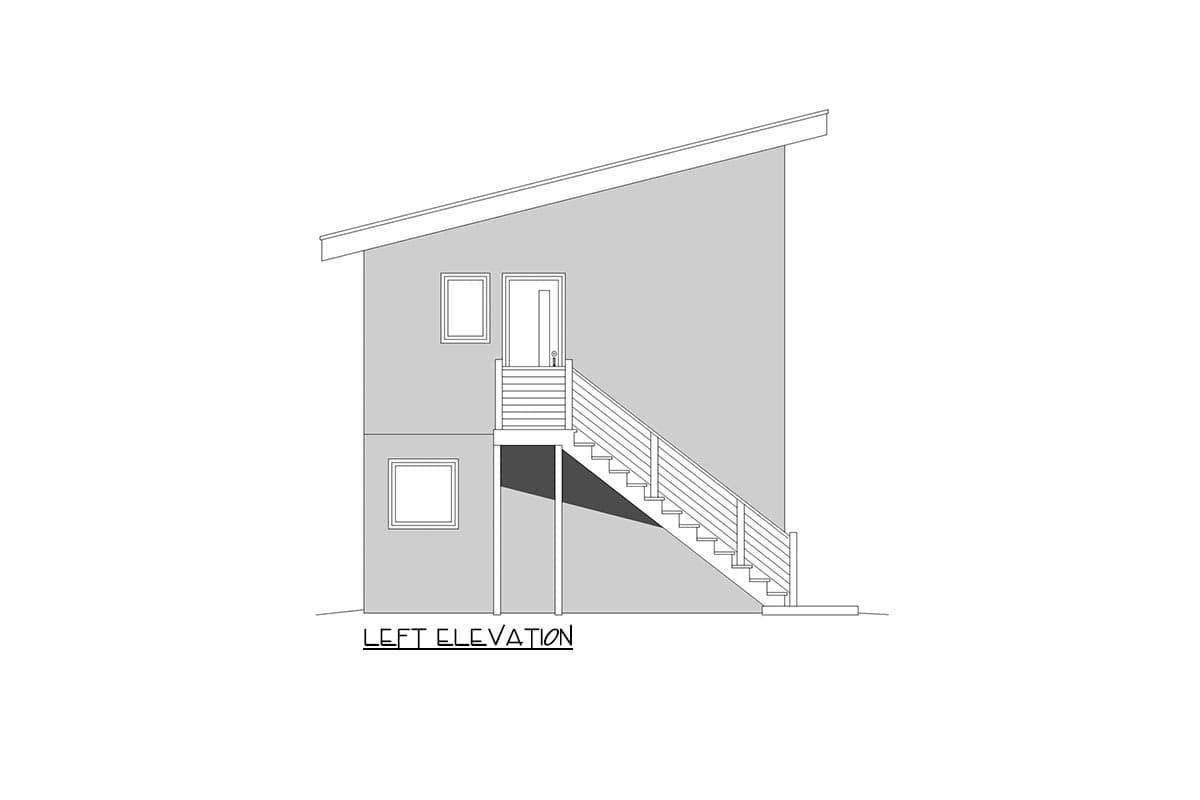 Left elevation of a two-story house plan with a shed roof, exterior stairs, and two windows on each level.