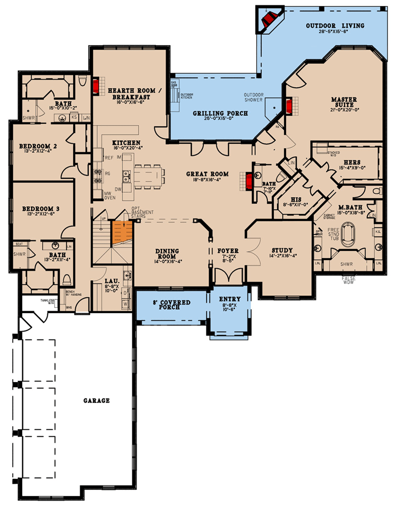 Plan 70758MK: 3-Bed House Plan with Painted Brick and Stacked Stone Exterior and Bonus Upstairs - 4265 Sq Ft - Floor Plan - Main Level - European, French Country, Rustic, Traditional