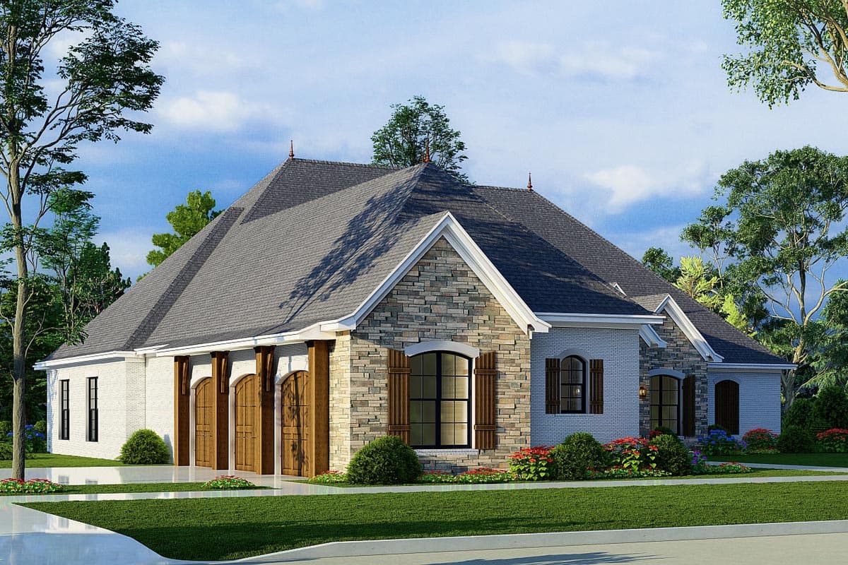 House plan exterior: One-story modern farmhouse with a gray roof, stone accents, three arched garage doors, and shutters.