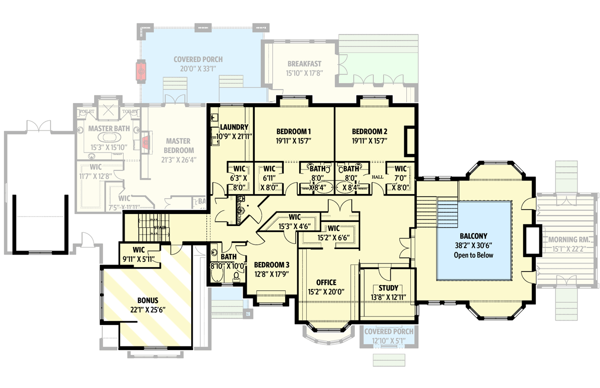 Plan 61277UT: Spacious 4-Bed House Plan with 2-Story Library - Floor Plan - 2nd Floor - European, French Country, Traditional