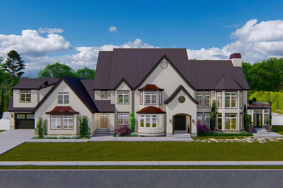 House plan exterior with two stories. Features include multiple gables, a covered entry, and a mix of window styles with dark trim.