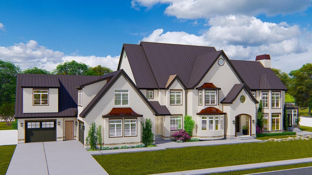 House plan exterior: Two-story white brick home with dark metal roof, attached garage, multiple gables, dormers, and bay windows.