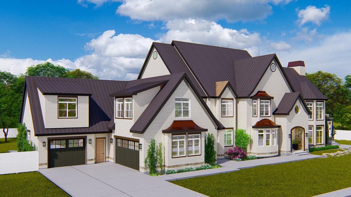 House plan exterior: Two-story Modern Farmhouse with dark metal roof, white brick, multiple gables, bay windows, and a three-car garage.