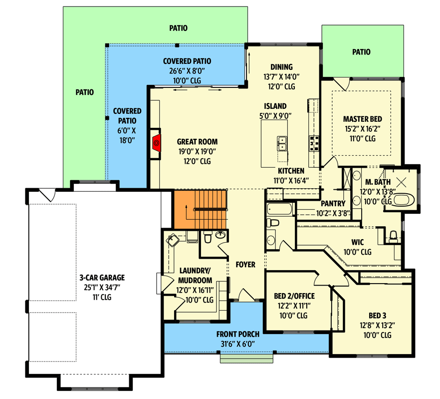 Plan 95010RW: Rustic Mountain Ranch Home Plan with Flex Home Office and Lower Level Expansion  - Floor Plan - Main Level - Country, Craftsman, Mountain, New American, Ranch, Rustic
