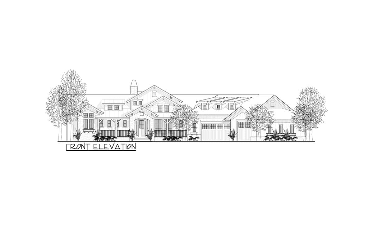Front elevation drawing of a two-story house plan with gables, dormers, a covered porch, and a three-car garage.