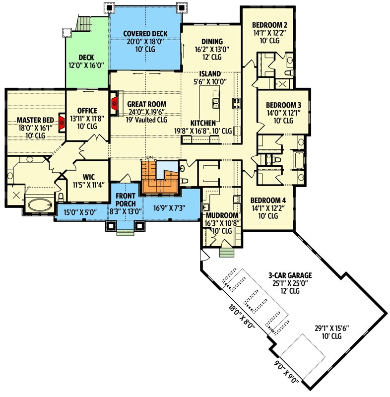 Plan 95149RW: Rustic New American House Plan with Angled 3-Car Garage and a Home Office - 3566 Sq Ft - Floor Plan - Main Level - Country, Craftsman, Modern Farmhouse, Mountain, New American, Ranch
