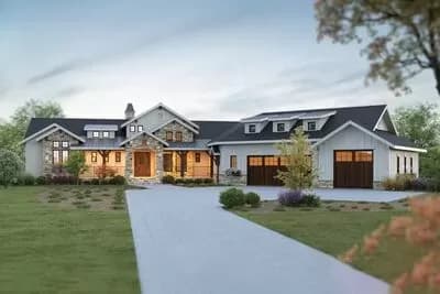 Rustic New American House Plan with Angled 3-Car Garage and a Home Office - 3566 Sq Ft