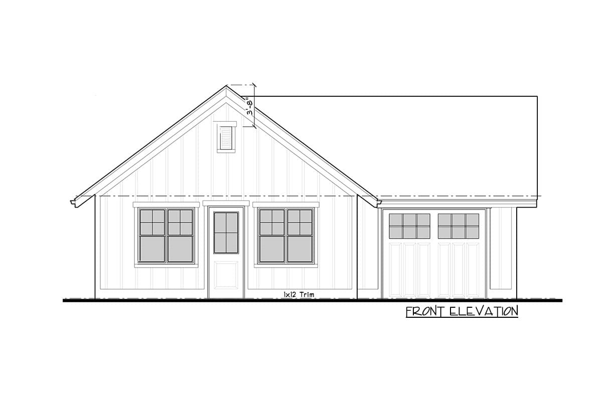 Front elevation drawing of a house plan with a gabled roof, board and batten siding, and a two-car garage.