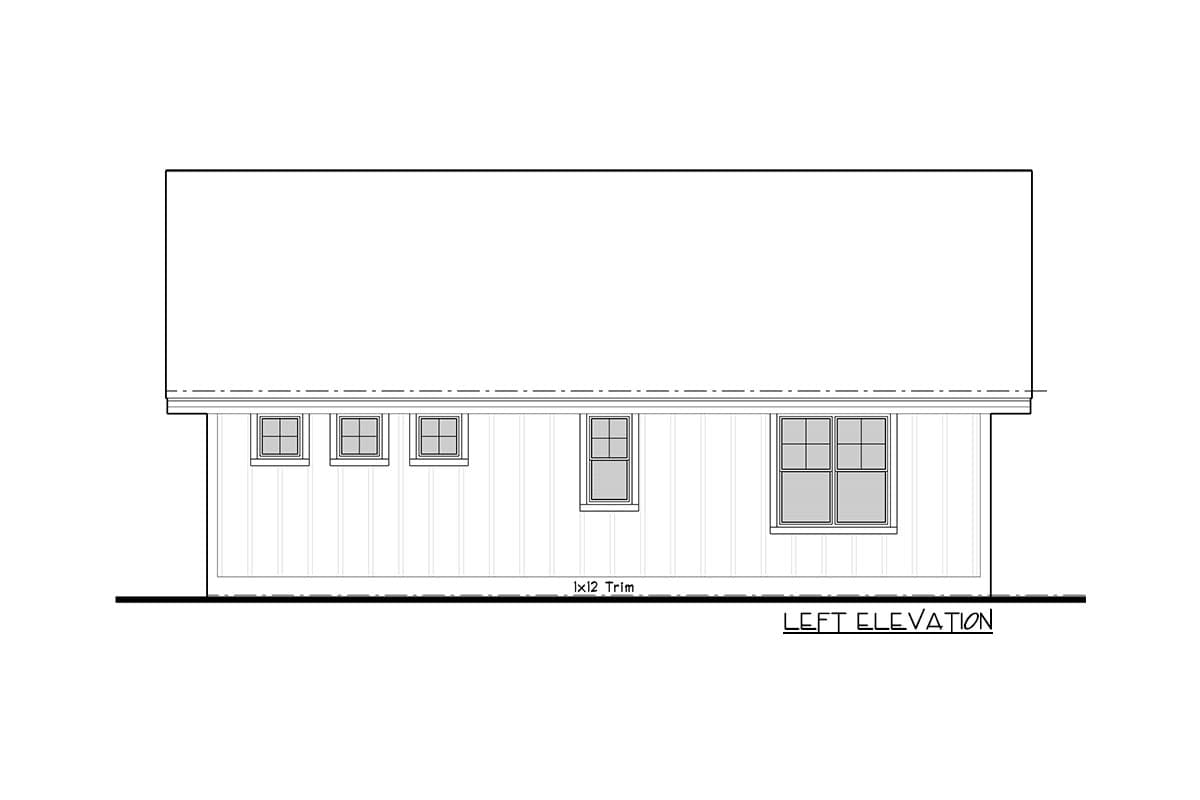 Left elevation drawing of a house plan showing vertical siding, multiple windows of varying sizes, and 1x12 trim.