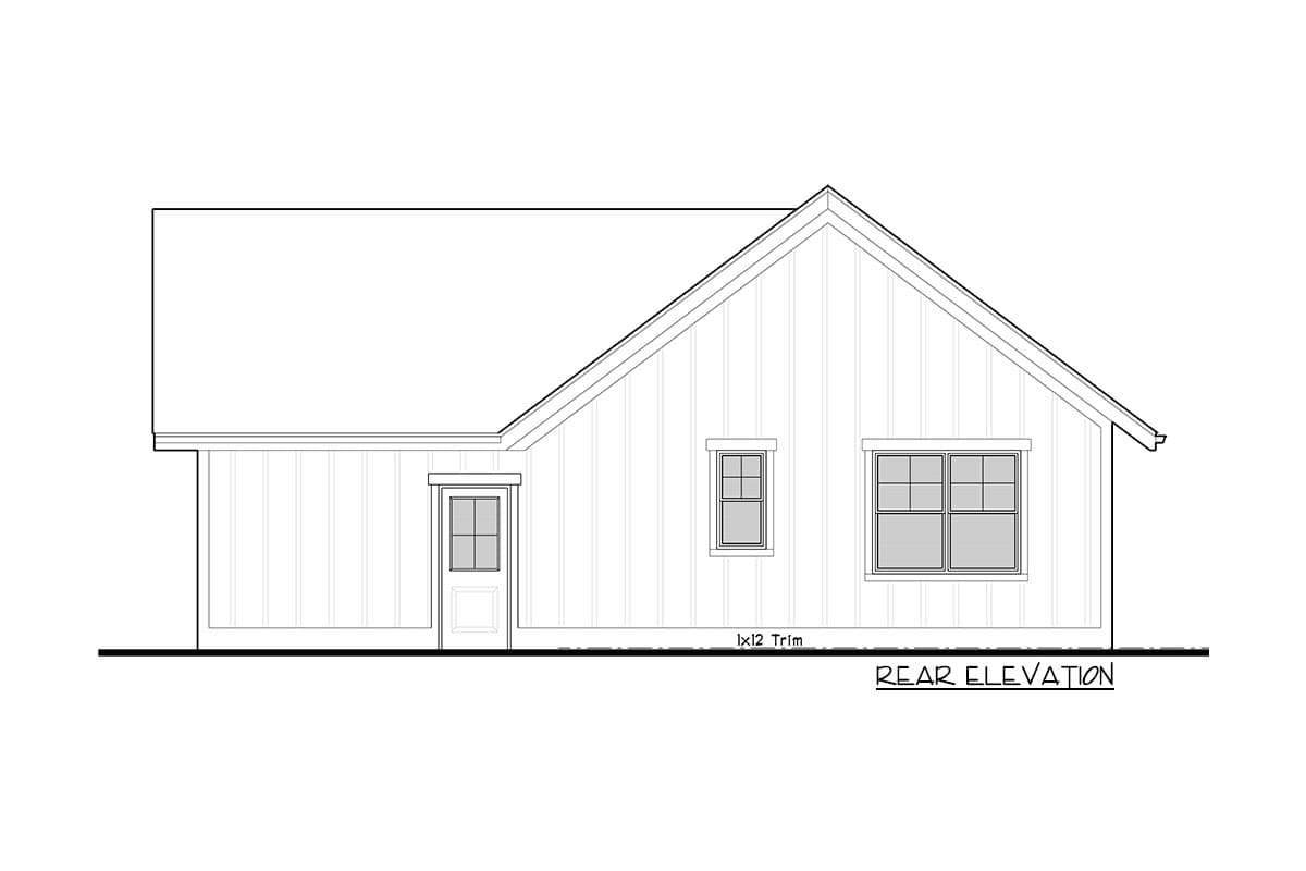 Rear elevation house plan showing a single-story structure with vertical siding, a gable roof, one door, and two windows.