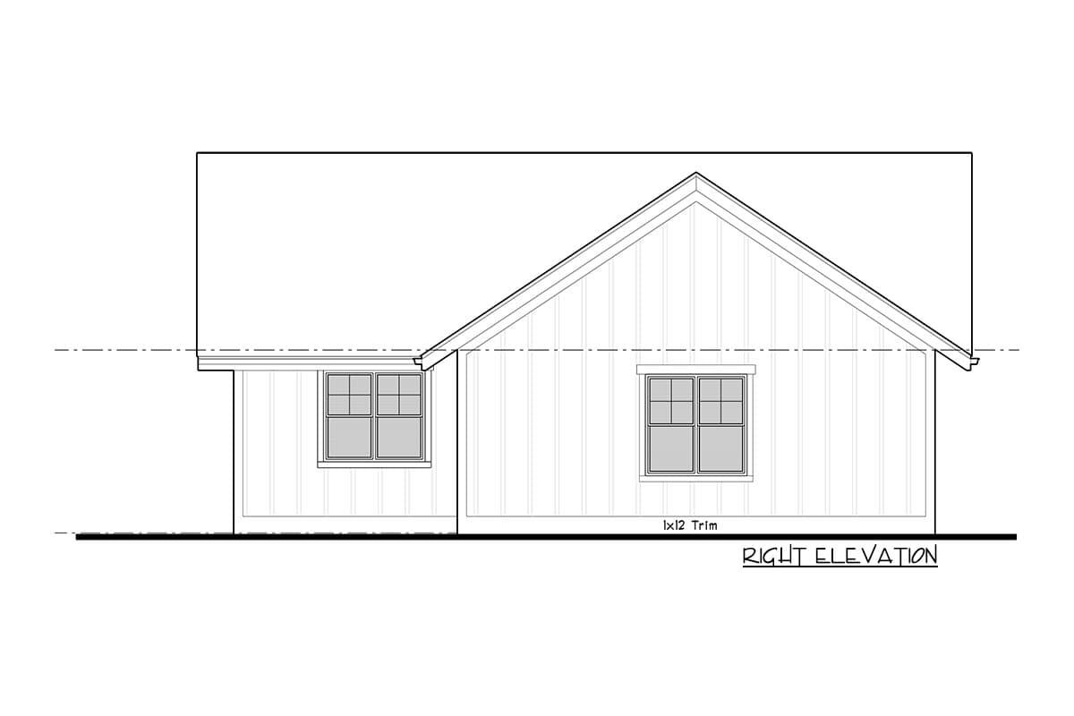Right elevation house plan drawing showing siding, two windows, and a gable roof.