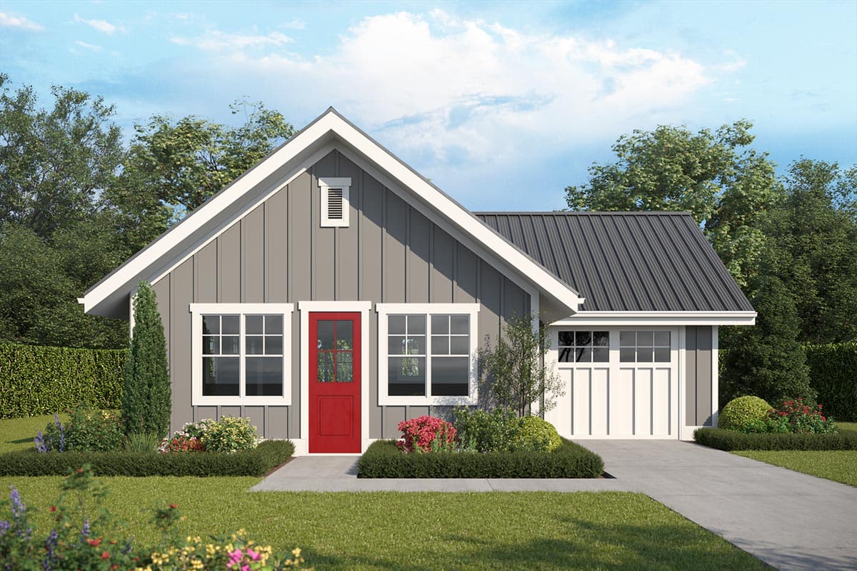 House plan exterior. One-story Modern Farmhouse style with a gable roof, board-and-batten siding, and an attached garage with a metal roof.
