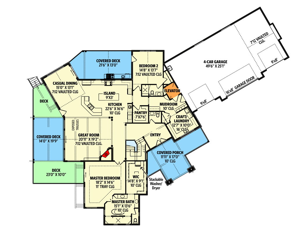Plan 95153RW: Mountain Ranch Plan with Home Theater in Walkout Basement - Floor Plan - Main Level - Craftsman, Mountain, New American, Ranch, Rustic