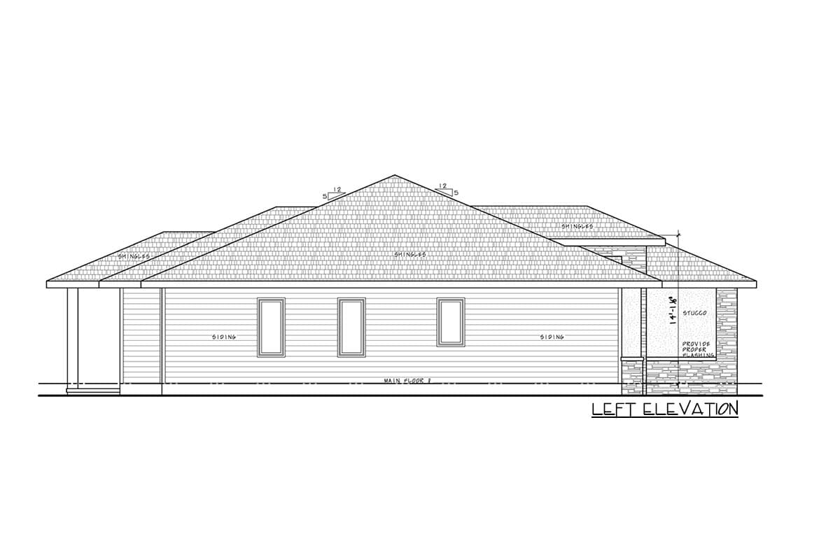 Left elevation house plan drawing showing a single-story structure with siding, stone accents, and a multi-level roof.