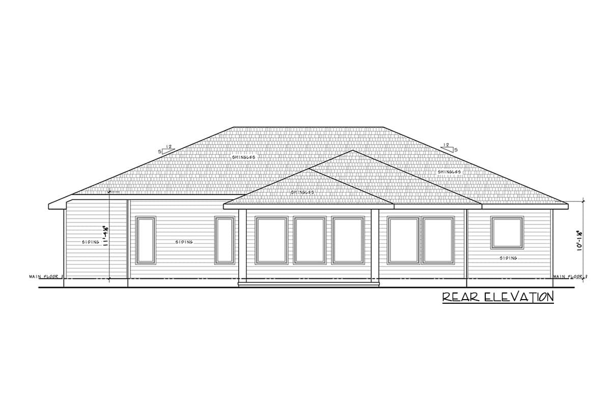Rear elevation drawing of a house plan with horizontal siding, a hip roof, and multiple windows.