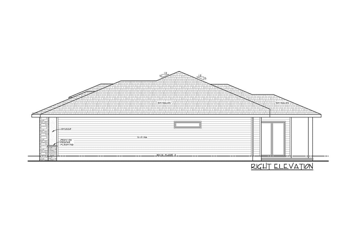 Right elevation drawing of a single-story house plan showing siding, stucco, a covered porch, and a hip roof.