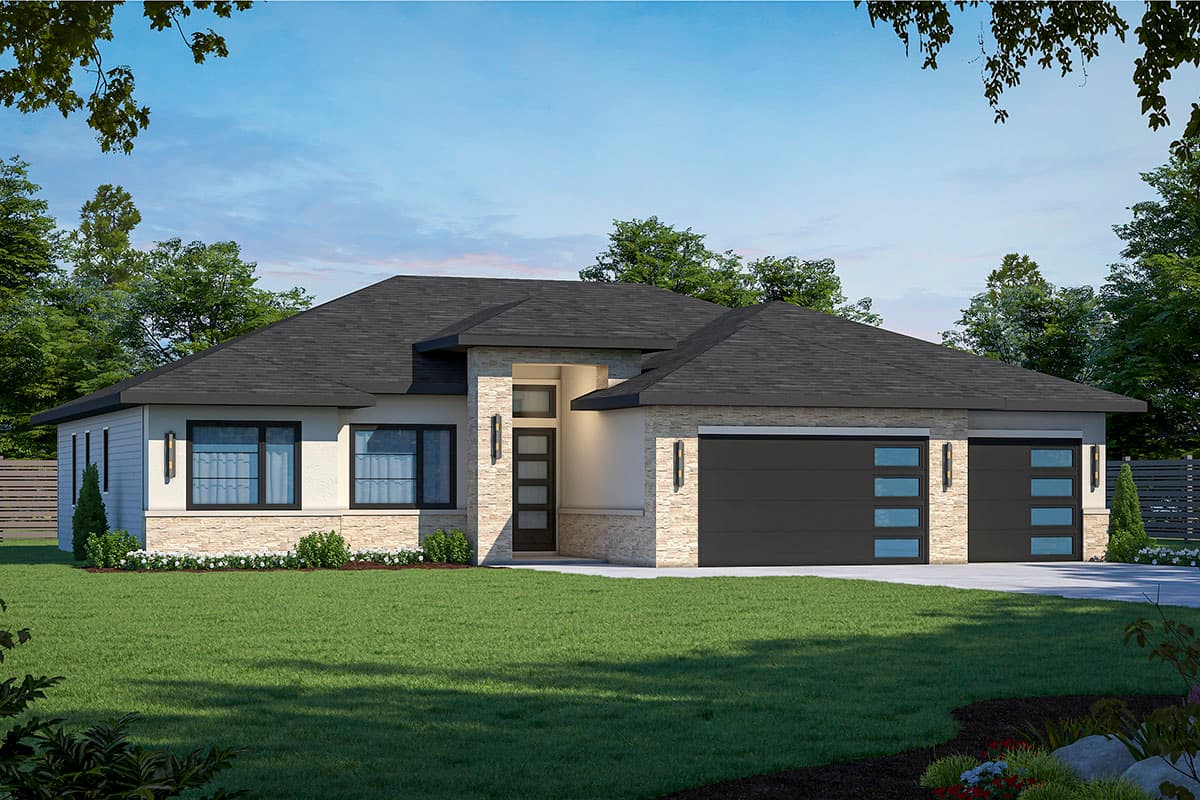 House plan exterior. Modern style, single-story home with a flat roofline, two-car garage, and stone veneer accents.