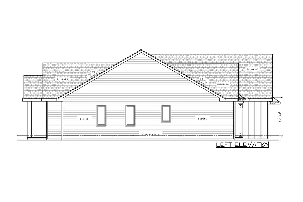 Left elevation house plan showing siding, gabled roof with shingles, porch, and three windows.