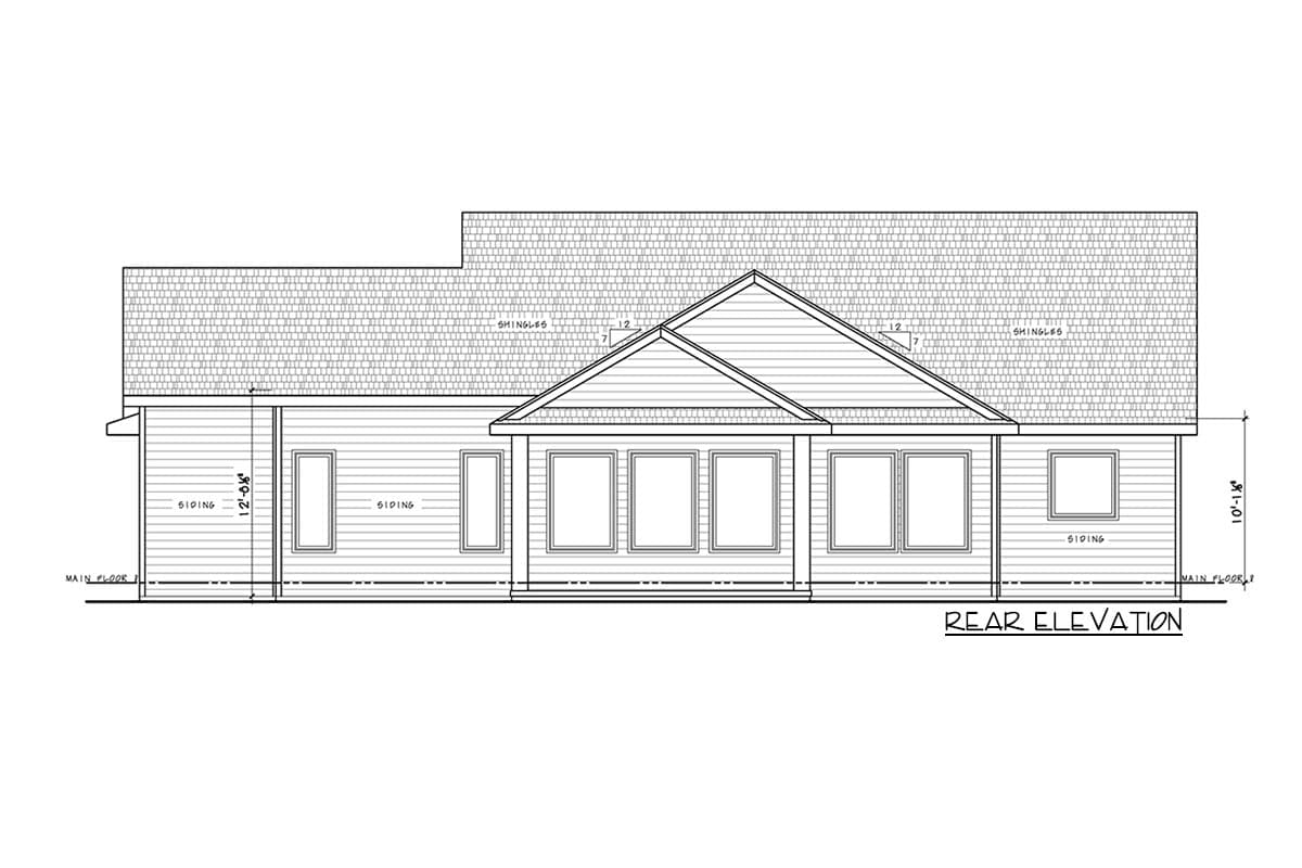 Rear elevation drawing showing a single-story house with siding, a gable roof, and multiple windows.