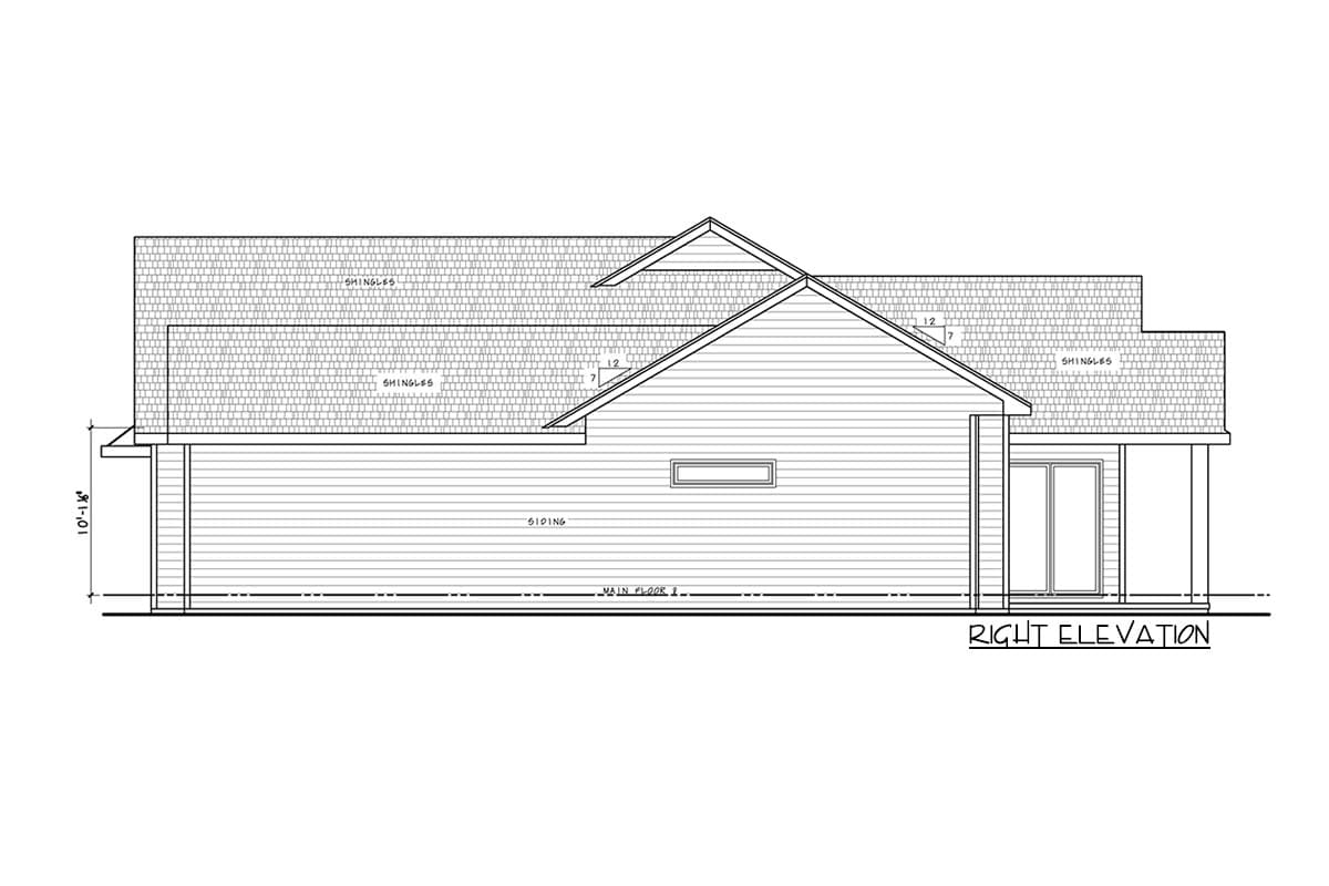 Right elevation drawing of a house with siding, a gable roof, and a covered porch with sliding glass doors.