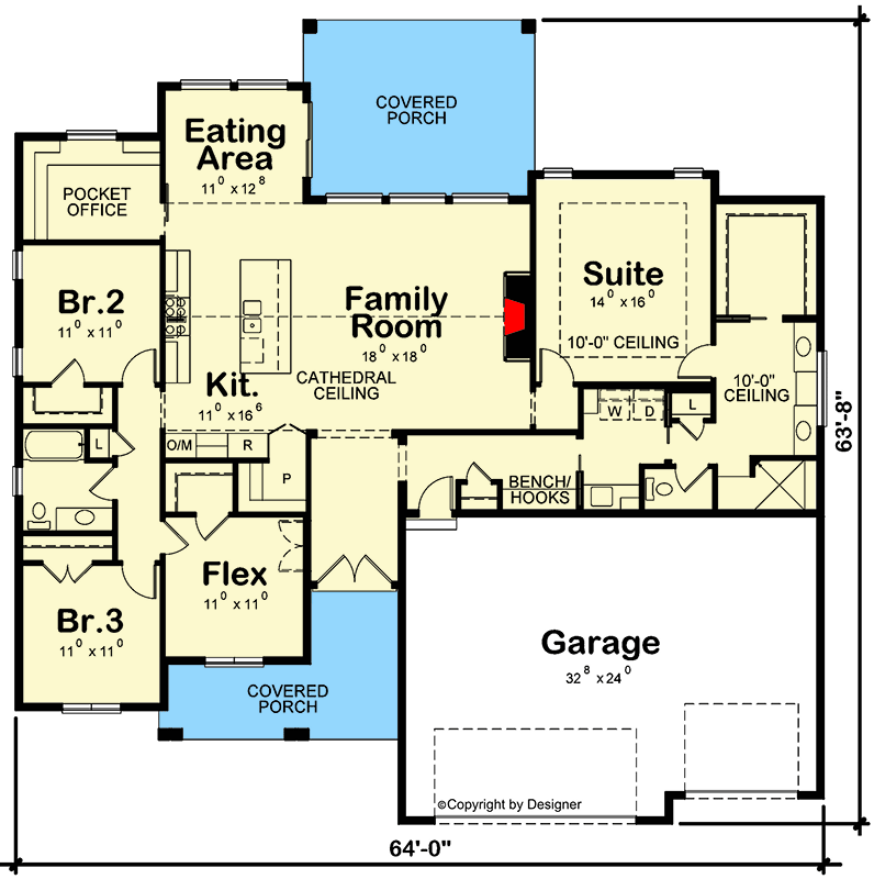Plan 42106DB: New American House Plan with Pocket Office and Split-Bed Layout - 2176 Sq Ft - Floor Plan - Main Level - Country, Craftsman, Farmhouse, Modern Farmhouse, New American, Ranch