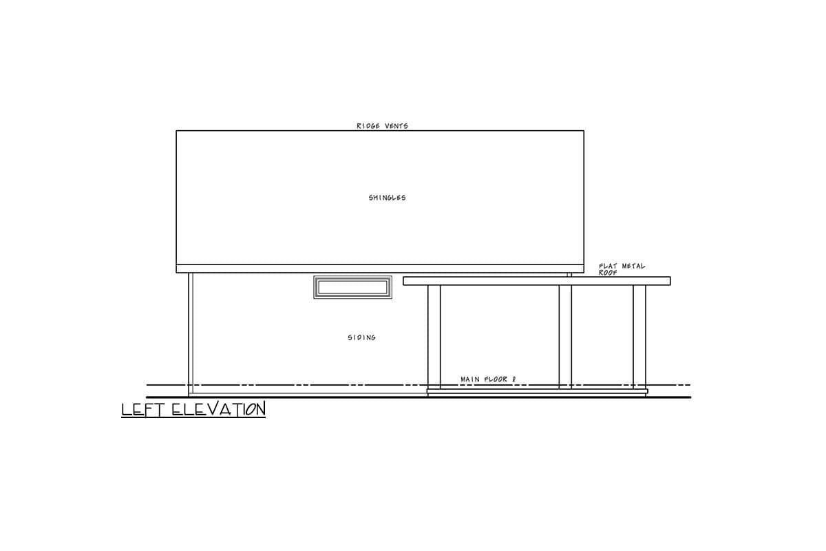 Left elevation of a house plan showing shingles, siding, a flat metal roof, and ridge vents.