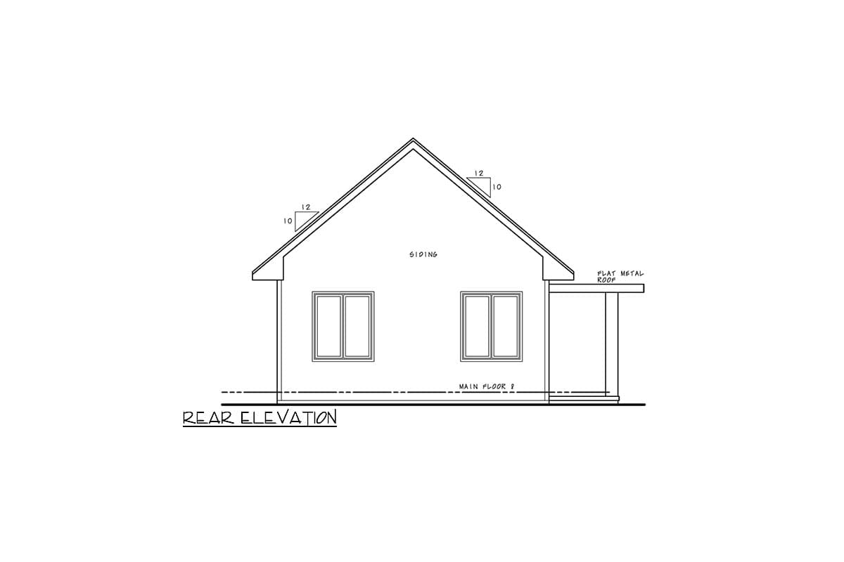 Rear elevation drawing of a house plan showing siding, two windows, a gabled roof, and a flat metal roof porch.