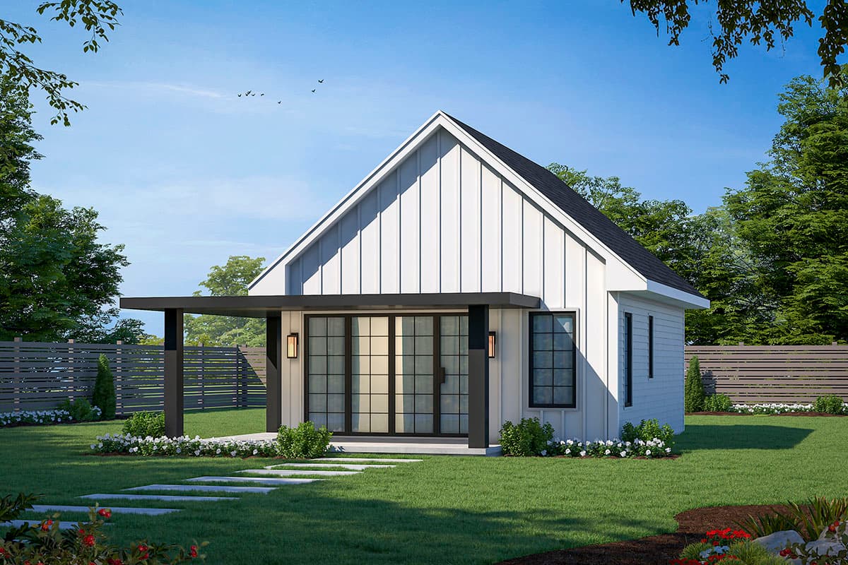 House plan exterior view of a one-story modern farmhouse with a gable roof, covered porch, and board and batten siding.