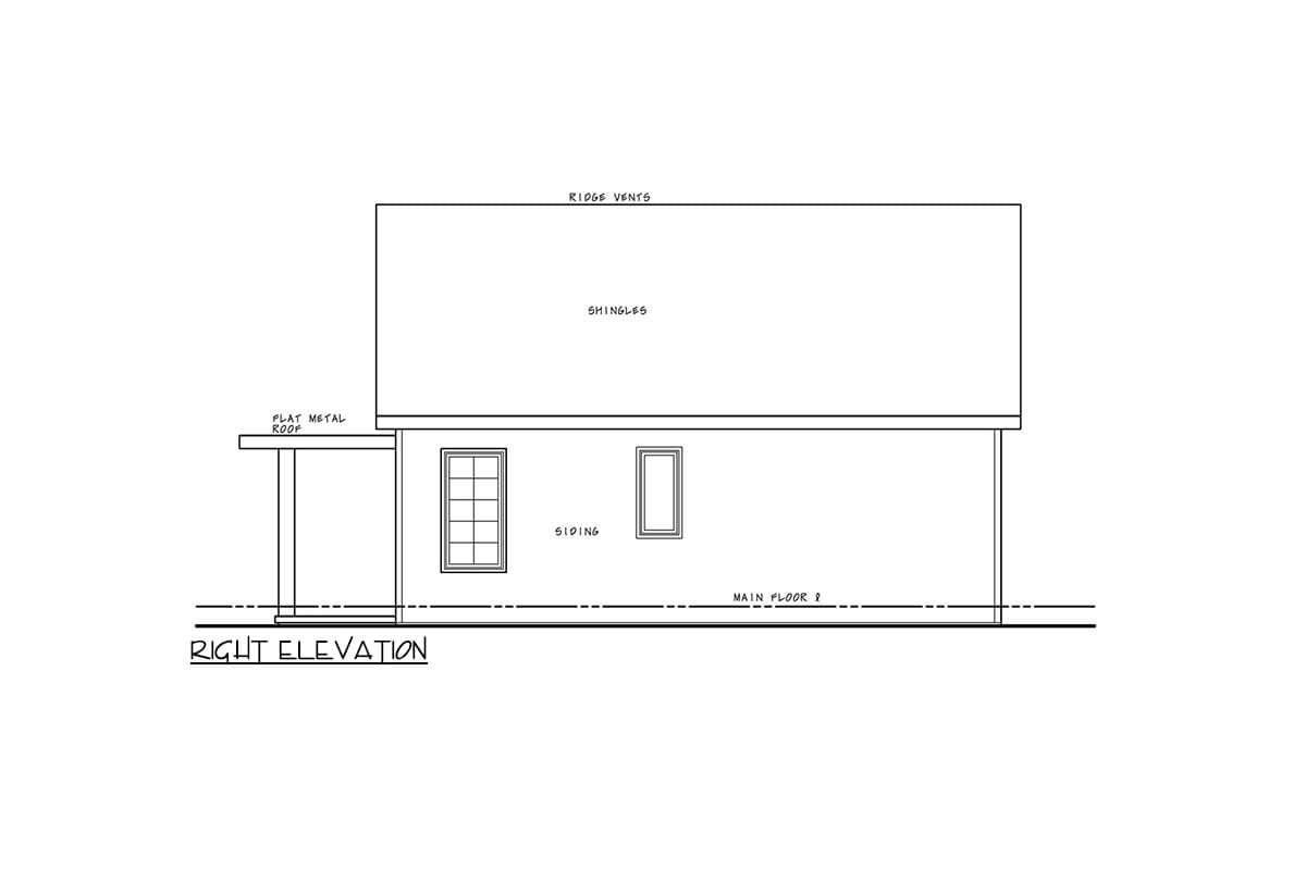 Right elevation drawing of a house plan, showing shingled roof with ridge vents, siding, and a flat metal roof section.