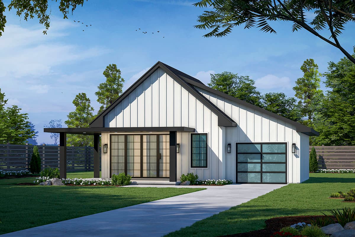 House plan exterior. Modern farmhouse style with a single story, gable roof, covered entry, and attached garage with glass panels.