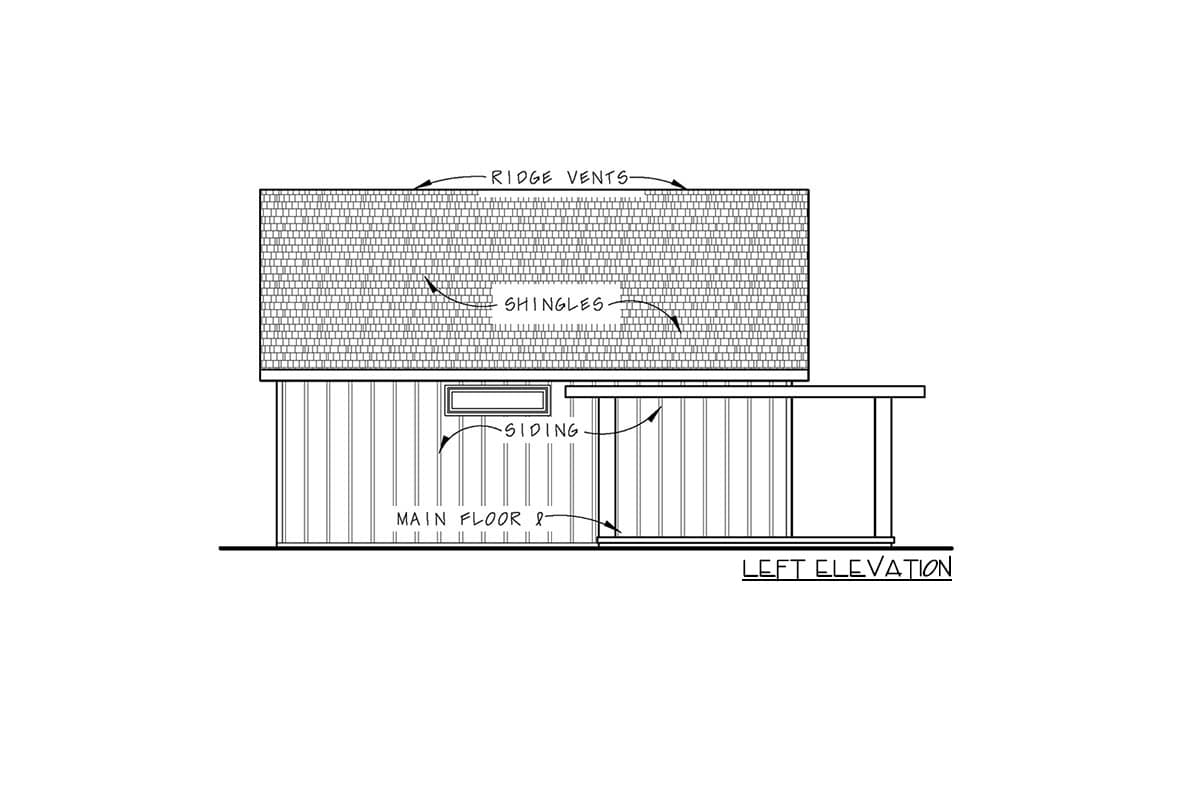Left elevation drawing of a house plan showing shingles, siding, and ridge vents.
